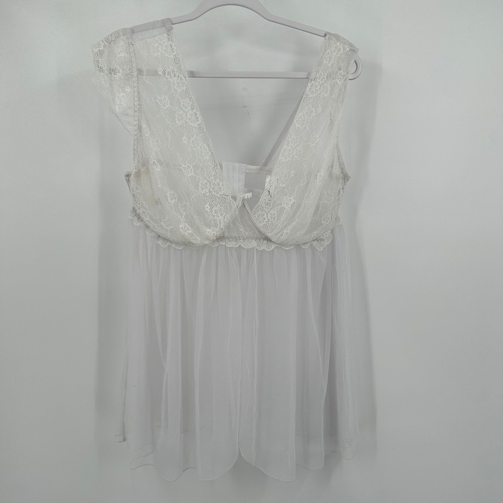 Womens Coquette White Lace Sheer Mesh Babydoll Chemise Top‎ Sz 2X Fairy Ethereal
